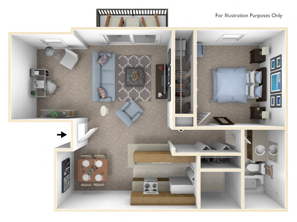 Floor plan for 1 bed, 1 bath, 830 sqft